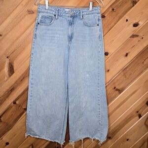 Anthro‎ Hidden Size 27 Denim Raw Edge Crop Wide Leg Jeans Distressed Medium Wash